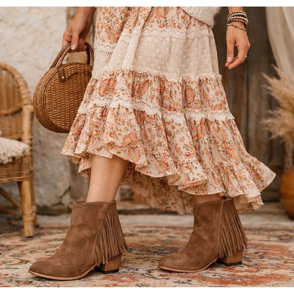 Seychelles 7.5 Womens Brown Fringe Suede Leather Ankle Boots Rodeo Western Boho